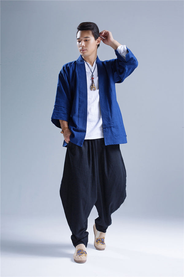 Men New Style Loose Pure Color Linen Hanging Crotch Pants