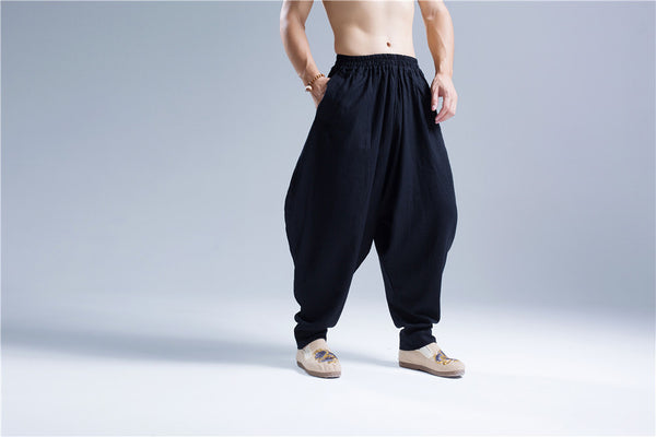 Men New Style Loose Pure Color Linen Hanging Crotch Pants