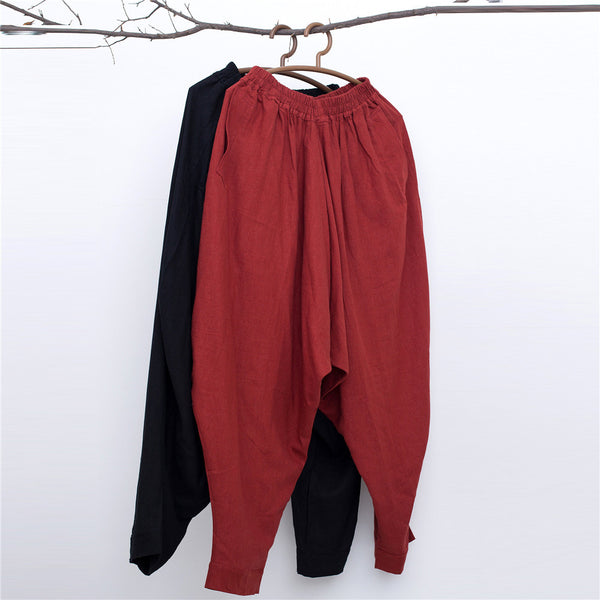 Men New Style Loose Pure Color Linen Hanging Crotch Pants