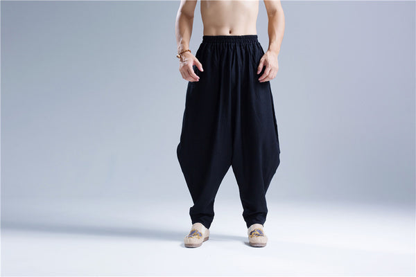 Men New Style Loose Pure Color Linen Hanging Crotch Pants
