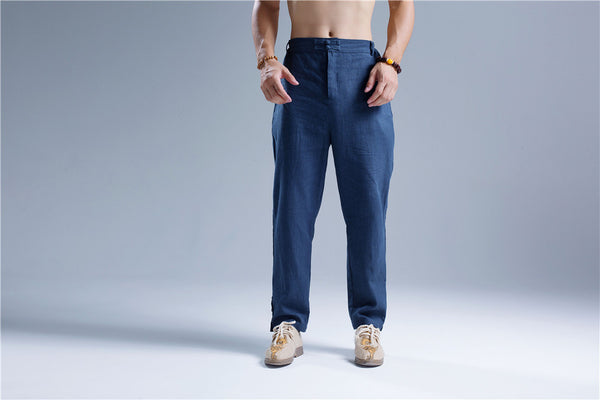 Men Casual Pure Color Cotton and Linen Straight Type Leg Opening Buckle Pants