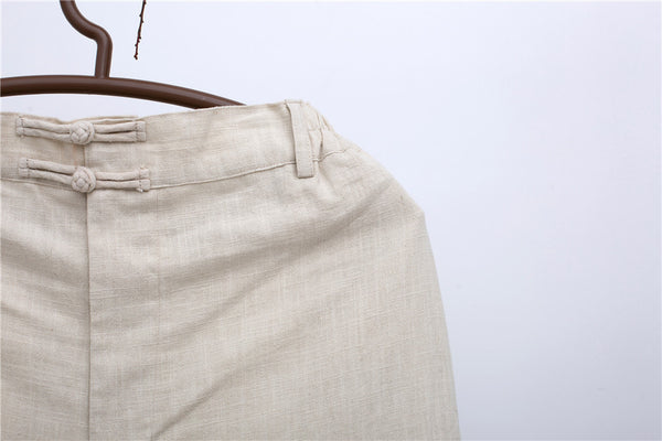 Men Casual Pure Color Cotton and Linen Straight Type Leg Opening Buckle Pants