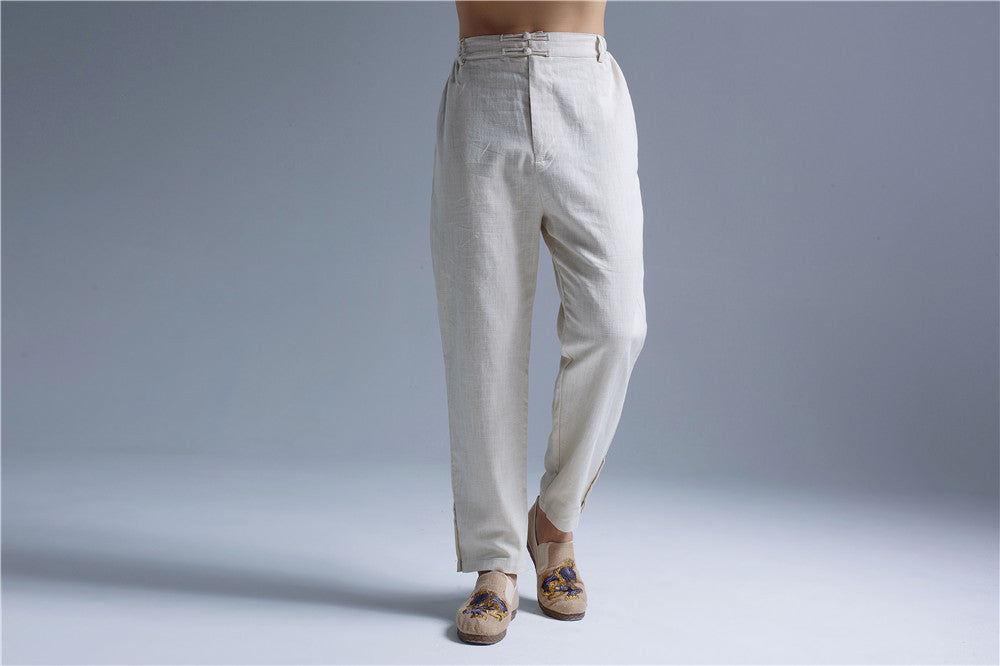 Men Casual Pure Color Cotton and Linen Straight Type Leg Opening Buckle Pants