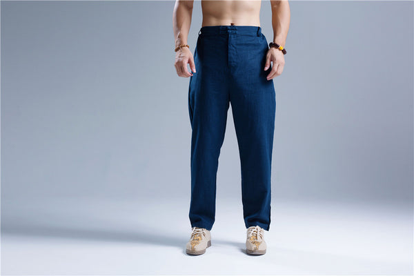 Men Casual Pure Color Cotton and Linen Straight Type Leg Opening Buckle Pants