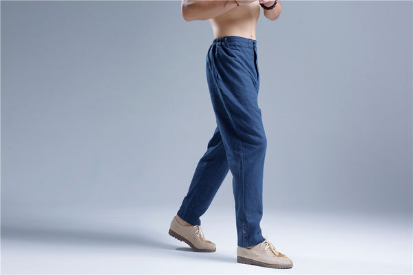 Men Casual Pure Color Cotton and Linen Straight Type Leg Opening Buckle Pants