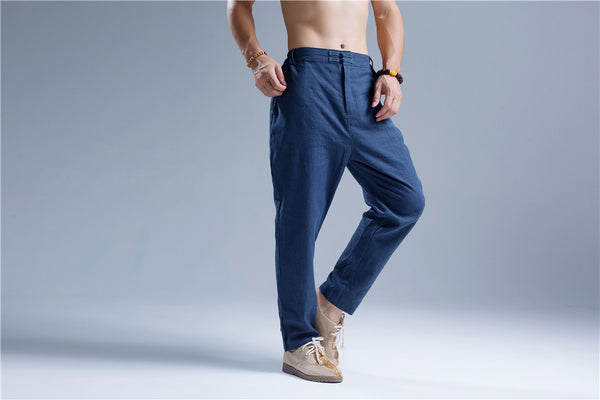 Men Casual Pure Color Cotton and Linen Straight Type Leg Opening Buckle Pants