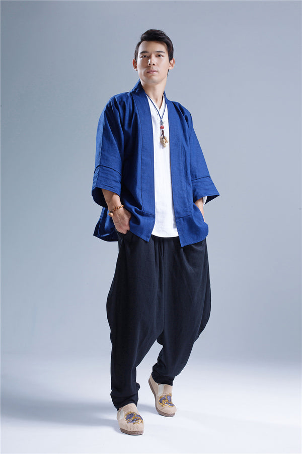 Men New Style Loose Pure Color Linen Hanging Crotch Pants