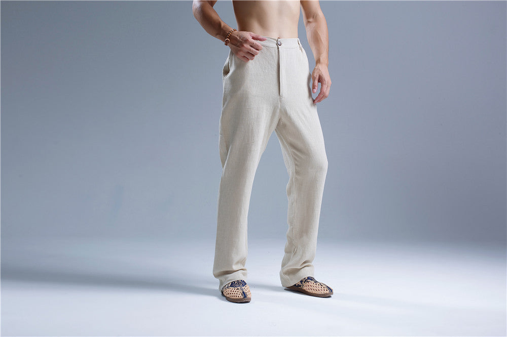 Men Pure Color Cotton and Linen Straight Type Casual Pants