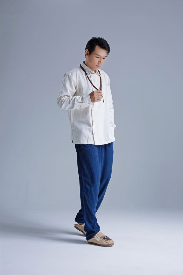 Men Asian Hanfu Style Linen and Cotton Shirt Top
