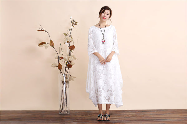 Women Zen Style Causal Round-neck Long Loose Tea Length Dress