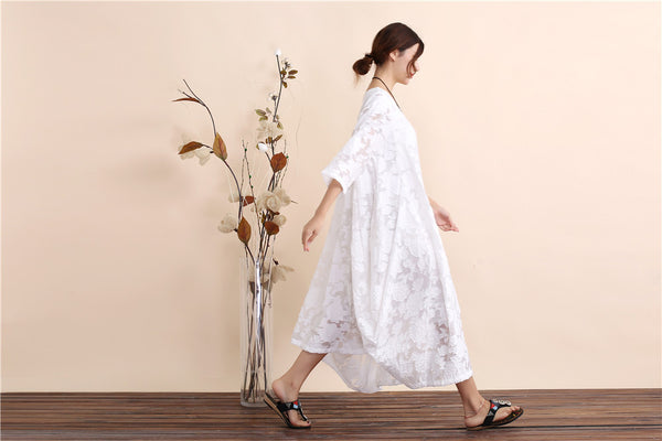 Women Zen Style Causal Round-neck Long Loose Tea Length Dress
