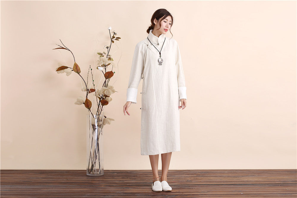 china linen dress Cotton Linen Dress With Collar China Navy