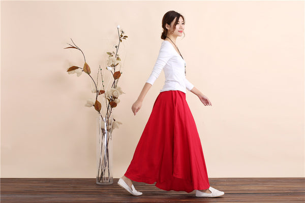 Women Retro Pure color Linen and Cotton Ankle Length Skirt