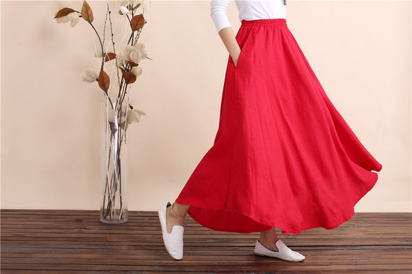 Women Retro Pure color Linen and Cotton Ankle Length Skirt