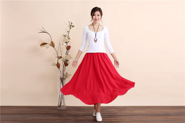 Women Retro Pure color Linen and Cotton Ankle Length Skirt