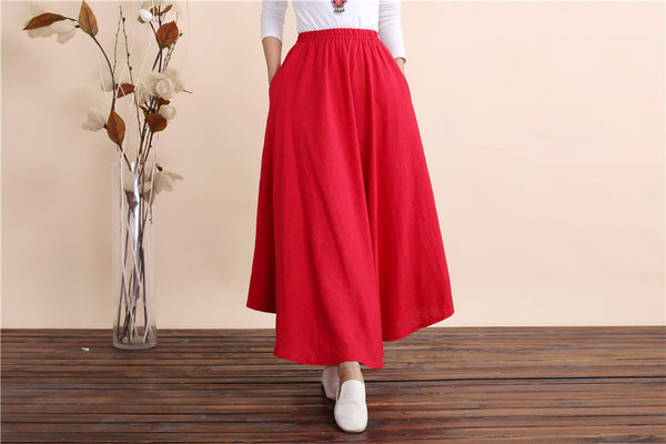 Women Retro Pure color Linen and Cotton Ankle Length Skirt