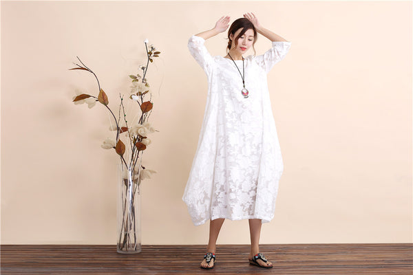 Women Zen Style Causal Round-neck Long Loose Tea Length Dress