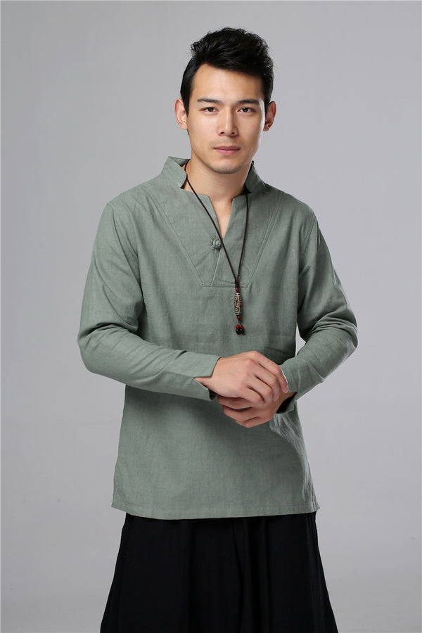 Men New Style Hangfu Kungfu Style Linen and Cotton T-shirts Tops