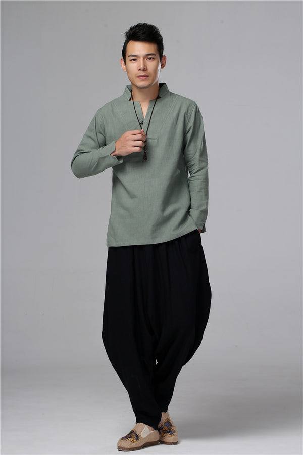 Men New Style Hangfu Kungfu Style Linen and Cotton T-shirts Tops