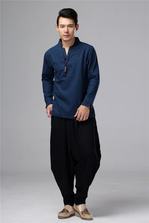 Men New Style Hangfu Kungfu Style Linen and Cotton T-shirts Tops