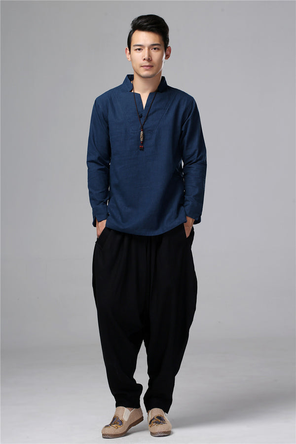 Men New Style Hangfu Kungfu Style Linen and Cotton T-shirts Tops