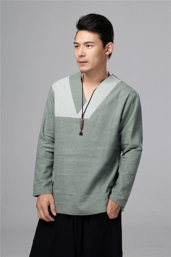 Men New Style Hangfu Tai Chi Style Linen and Cotton T-shirts Tops