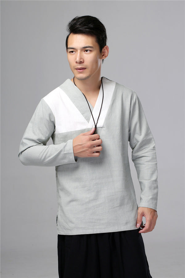 Men New Style Hangfu Tai Chi Style Linen and Cotton T-shirts Tops