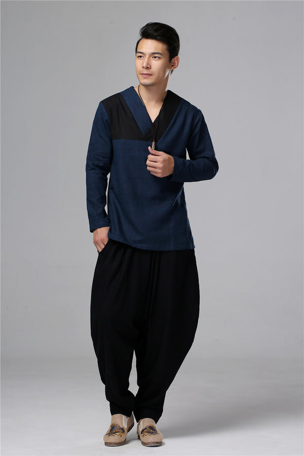 Men New Style Hangfu Tai Chi Style Linen and Cotton T-shirts Tops