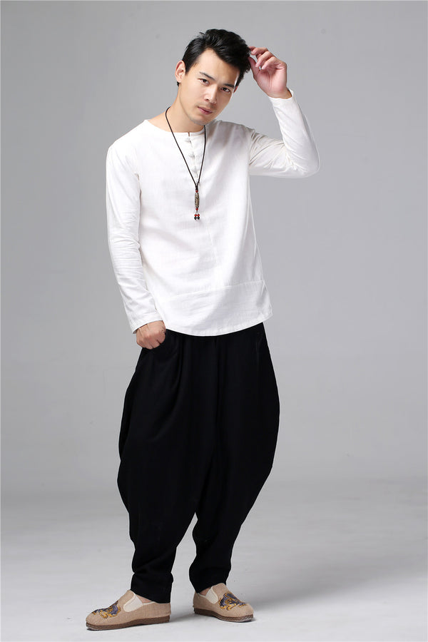 Men Chinese Folk Style Long Sleeve Linen and Cotton T-shirt Top
