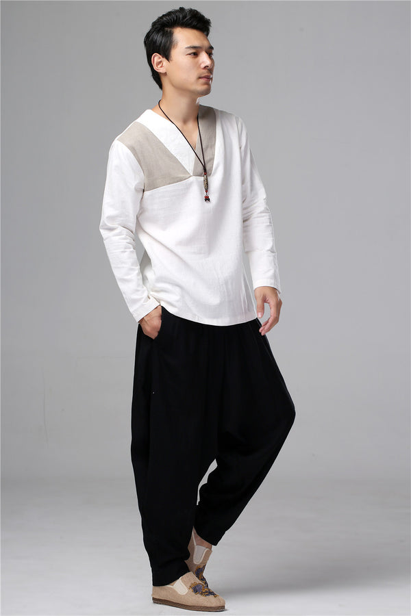 Men New Style Hangfu Tai Chi Style Linen and Cotton T-shirts Tops