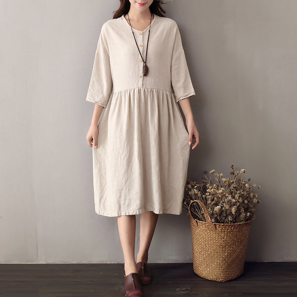 Women Cotton & Linen Round-neck Half Sleeved Loose Dress