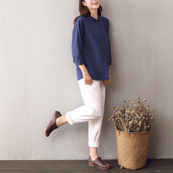 Women Long Sleeves Cotton and Linen Cardigan Shirt