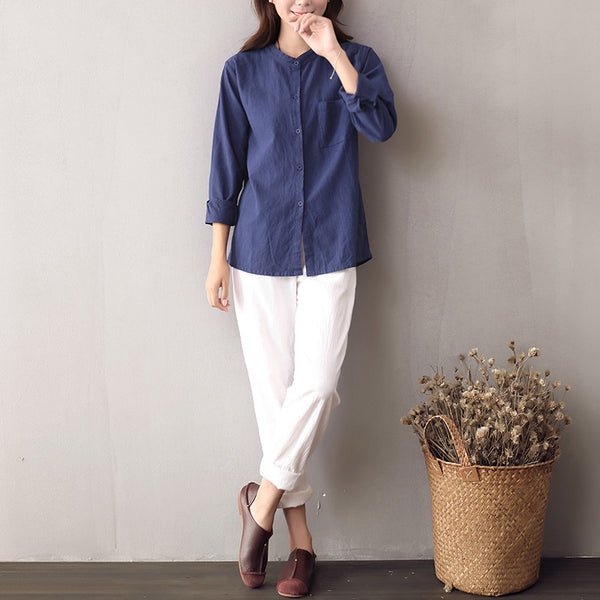 Women Long Sleeves Cotton and Linen Cardigan Shirt