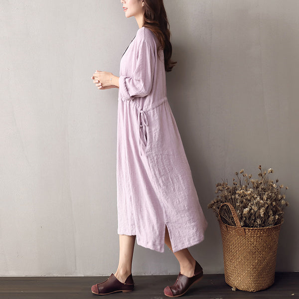 Women Cotton & Linen V-neck Long-sleeved Loose Dress