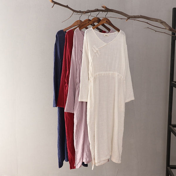 Women Cotton & Linen V-neck Long-sleeved Loose Dress