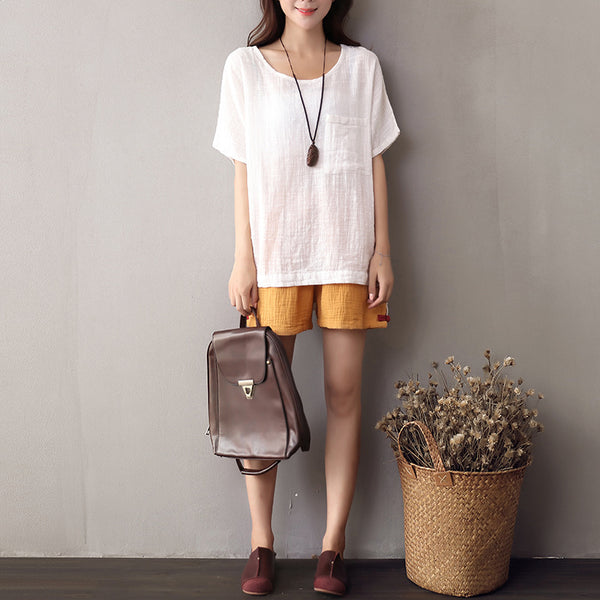 Women Cotton and Linen Short Sleeve Loose T-shirt