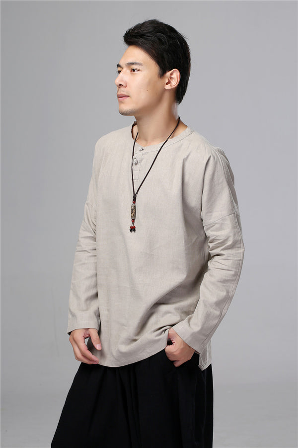 Men New Style Hangfu Kungfu Zen Style Linen and Cotton T-shirts Tops