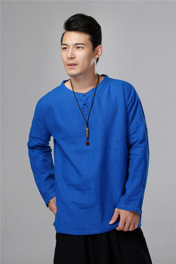 Men New Style Hangfu Kungfu Zen Style Linen and Cotton T-shirts Tops