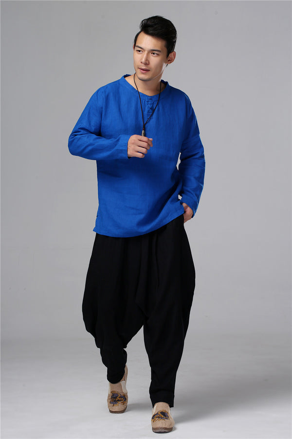 Men New Style Hangfu Kungfu Zen Style Linen and Cotton T-shirts Tops