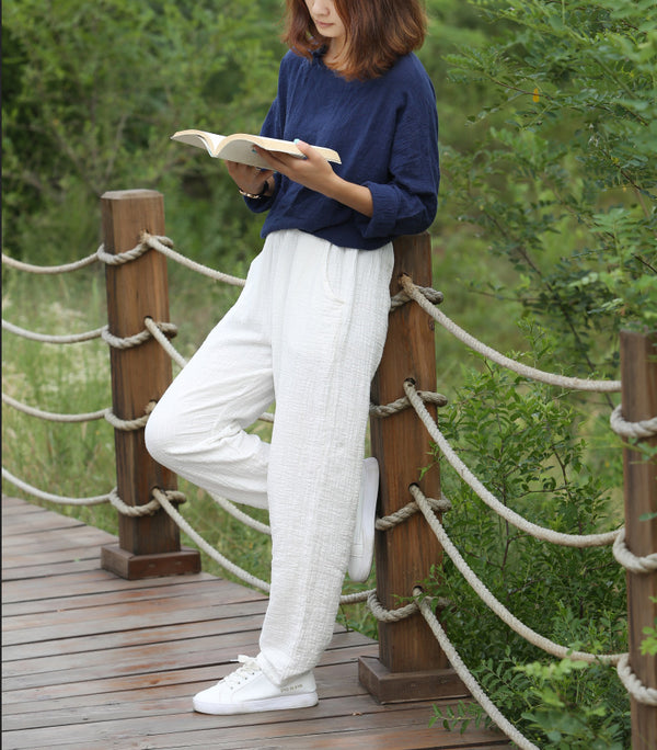 Women Pure Color Soft Loose Causal Linen and Cotton Pants