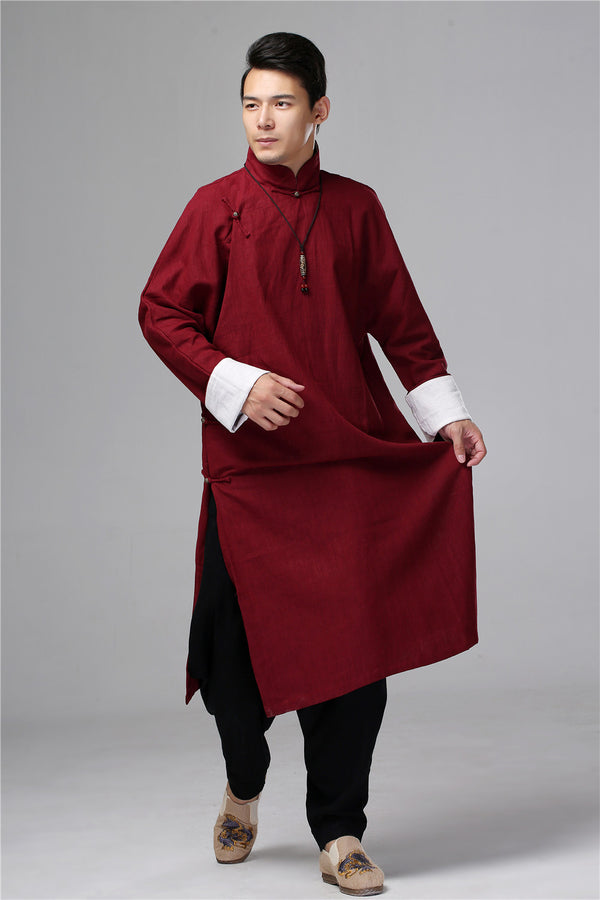 Men Tranditional Chinese KungFu Style Tunic Type Linen and Cotton Coat