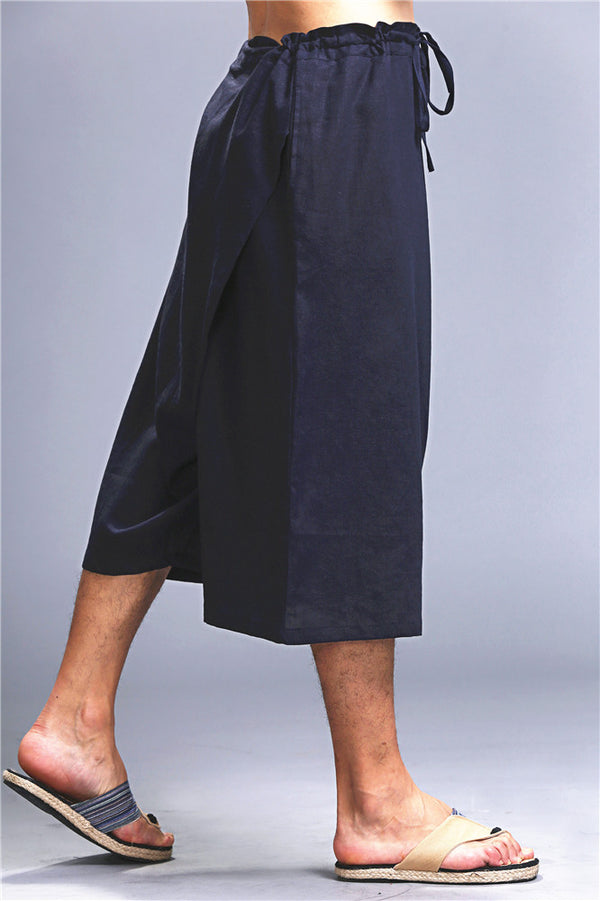 Men Loose Causal Pure Color Cotton and Linen Hanging Crotch Cropped Pants
