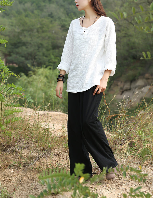 Women Linen and Cotton T-Shirt – Art Retro Buckle Sets of Linen & Cotton Wringed long-sleeved T-shirt