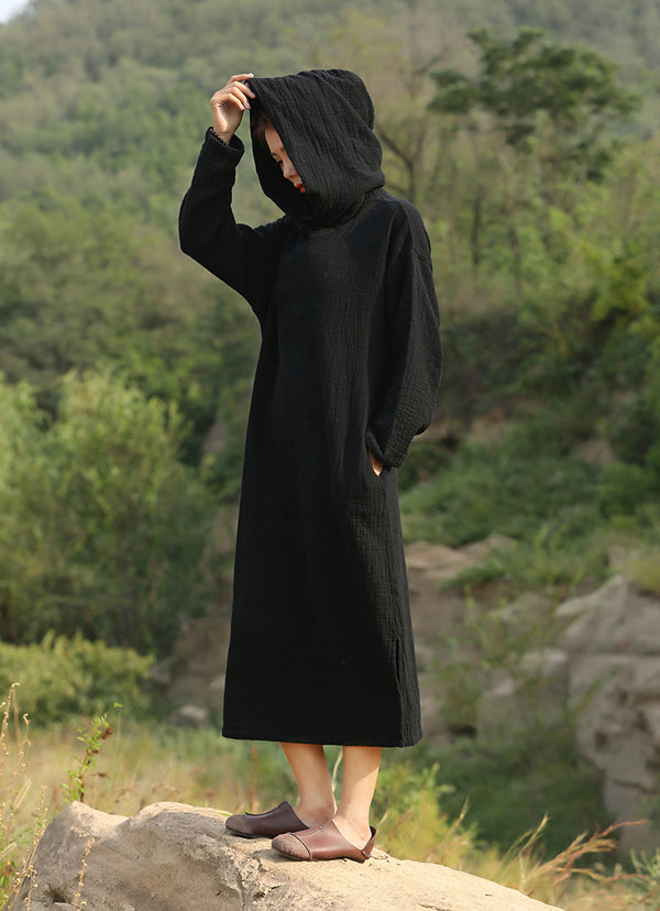 Women Simple Soft Cotton & Linen Hoodie Dress