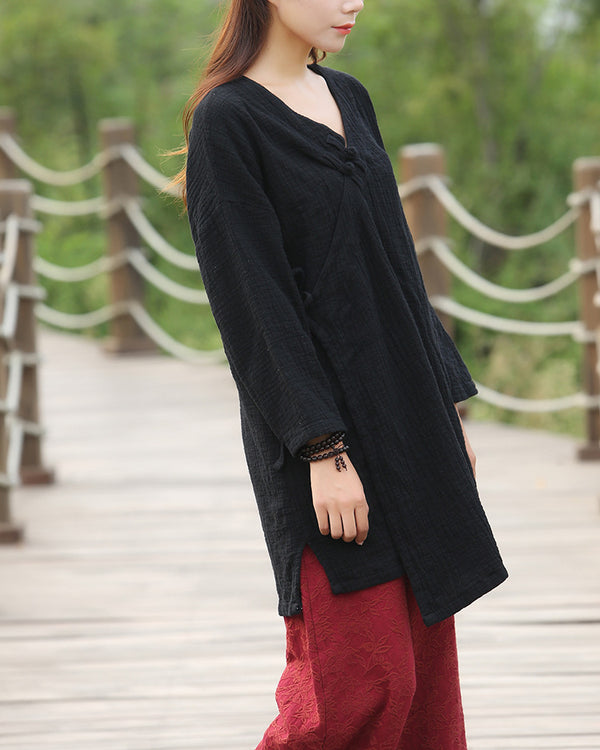 Women Retro Chinese style V-neck cardigan long-sleeved women’s coat style shirt
