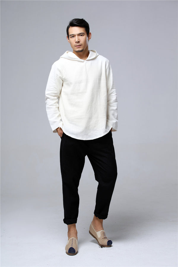 Men Simple Casual Style Pullover Linen and Cotton Sweatshirt Hoodies