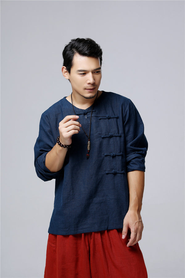 Men Chinese Style Retro Round Neck Linen and Cotton T-shirt Top
