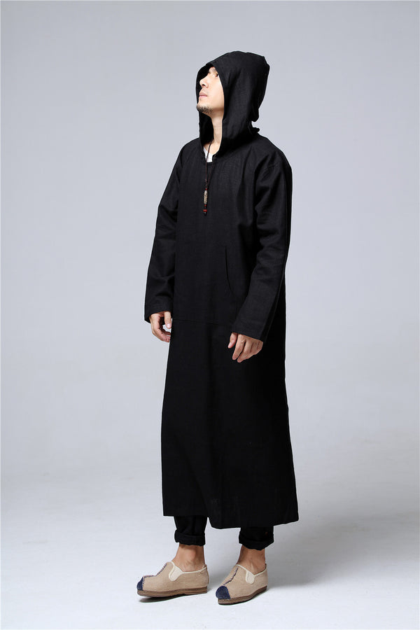 Men Pullover Loose Coat KungFu Style Linen and Cotton Long Tunics Hoodies
