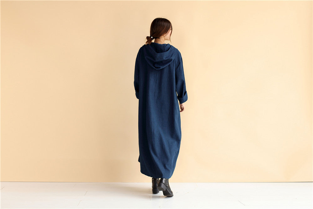 Hoodie Dress/ Linen Dress Hoodie/ Autumn Hooded Dresses/ Ankle Length Dress/ Casual Dress/ Coat Dress/ Tunic Dress Dark Blue / XL Hoodie Dress/ Linen Dress Hoodie/ Autumn Hooded Dresses/ Ankle Length Dress/ Casual Dress/ Coat Dress/ Tunic Dress Dark Blue / XL