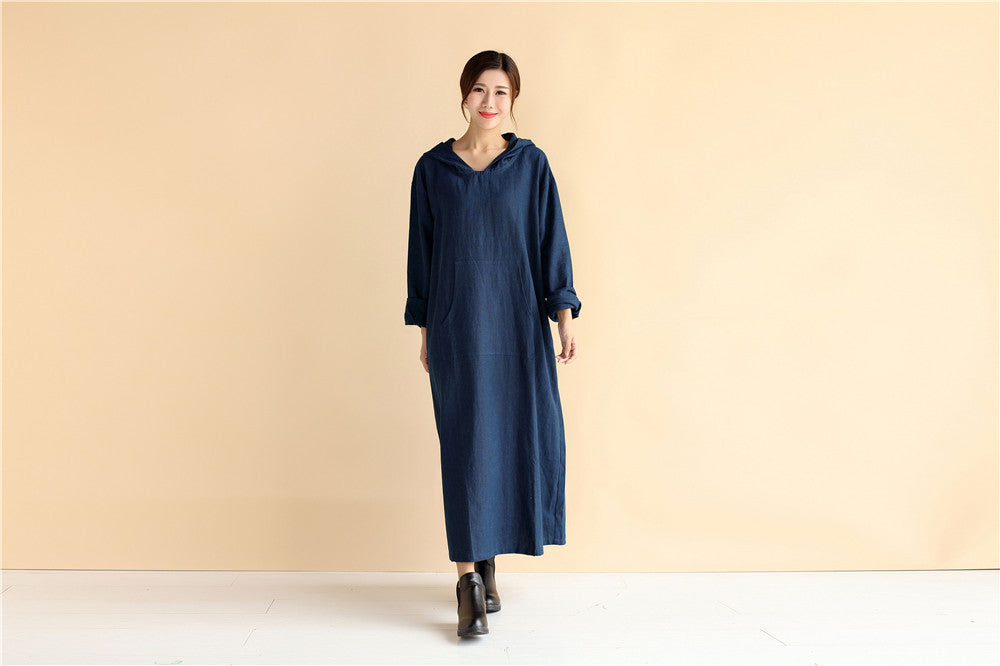 Hoodie Dress/ Linen Dress Hoodie/ Autumn Hooded Dresses/ Ankle Length Dress/ Casual Dress/ Coat Dress/ Tunic Dress Dark Blue / XL Hoodie Dress/ Linen Dress Hoodie/ Autumn Hooded Dresses/ Ankle Length Dress/ Casual Dress/ Coat Dress/ Tunic Dress Dark Blue / XL